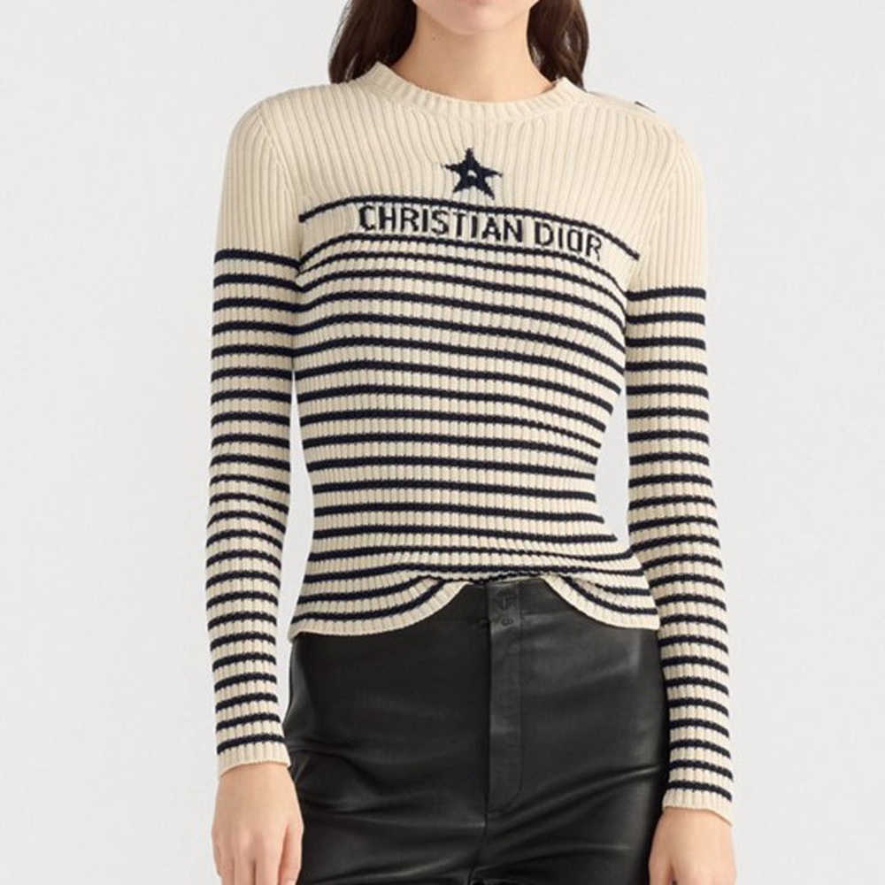 Christian Dior | Dioriviera Sweater Ecru Navy Blue Cotton Knit with Signature